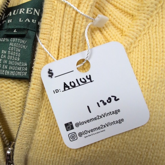 Lauren Ralph Lauren 1/4 Zip Pullover Sweater Crest Logo‎ Yellow Cotton L - Picture 7 of 7